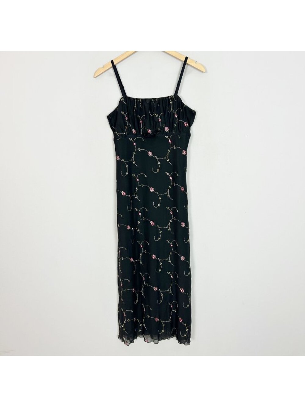 Thirty Thirty Black Floral Embroidered Slip Dress Midi Babydoll Size Large Women